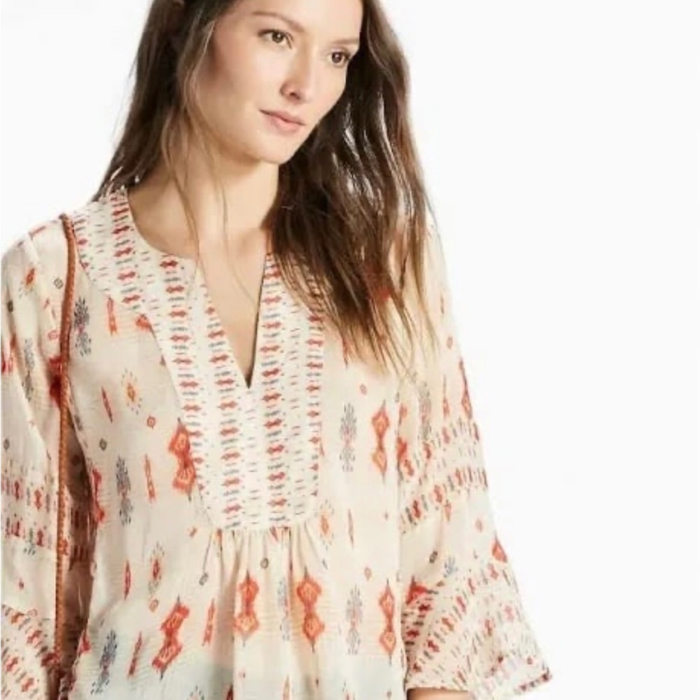Lucky Brand Tribal Geometric Orange Boho Top 3/4 Sleeve Peasant 2XL